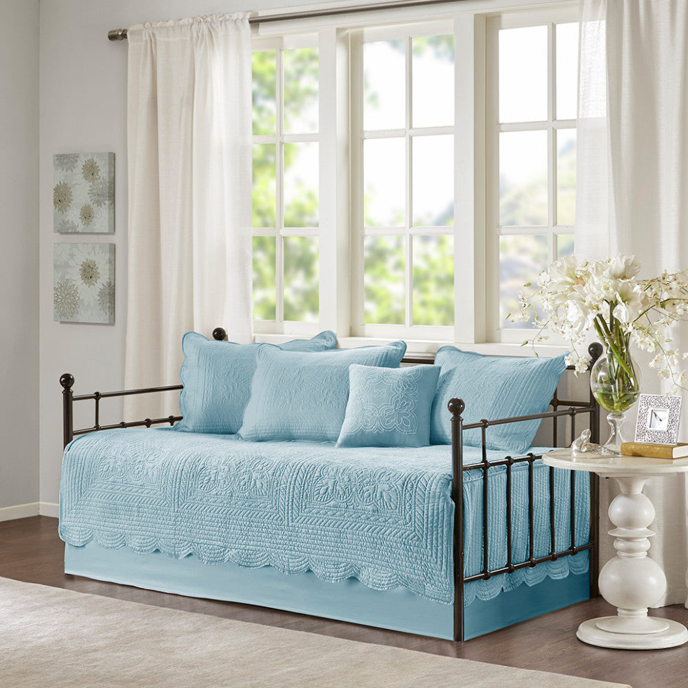 Madison Park Tuscany 6 Piece Reversible Scalloped Edge Daybed Cover Set, Blue