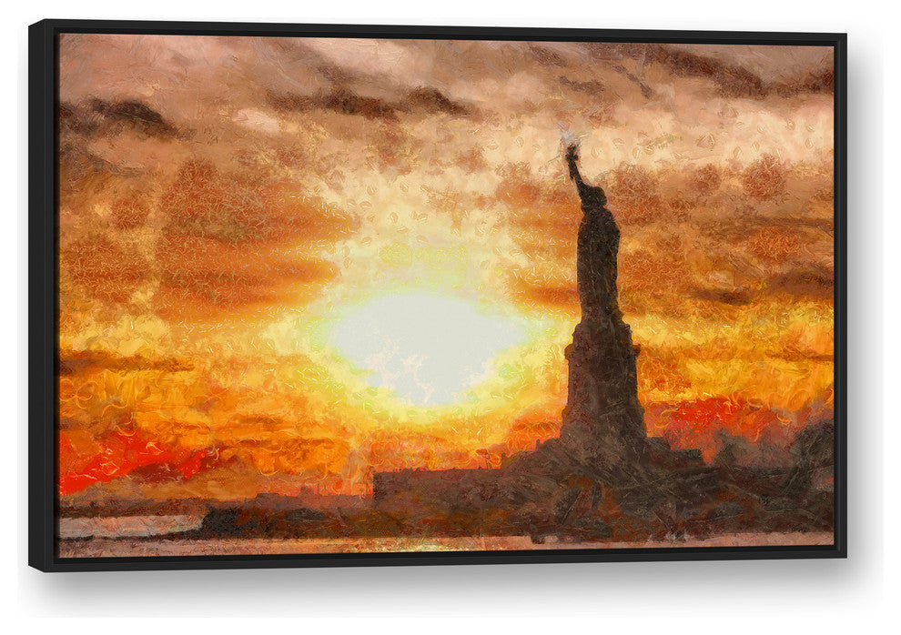 Statue of Liberty Sunset 32x48 Black Floating Framed Canvas