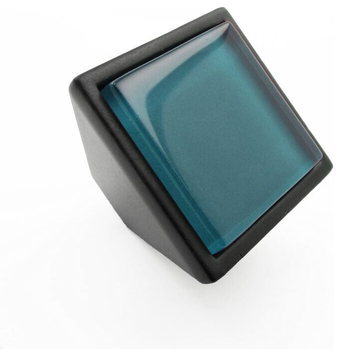 Midnight Green Crystal Glass Black Metal Square Frustum Knob