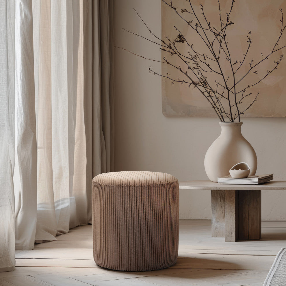 Roy Microsuede Fabric Upholsetered Ottoman/Stool, Brown, Round