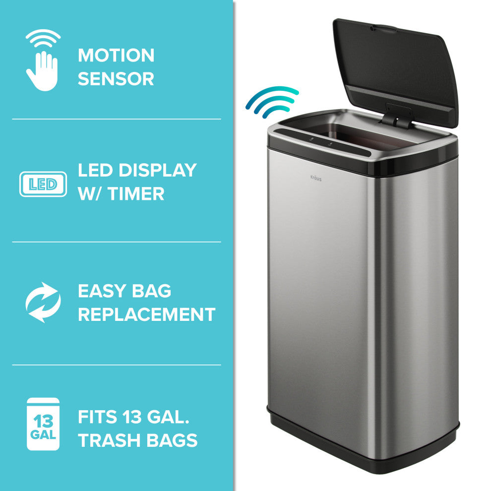 GarbagePro Rectangular 13 Gal Touchless Motion Sensor Stainless Steel Trash Can