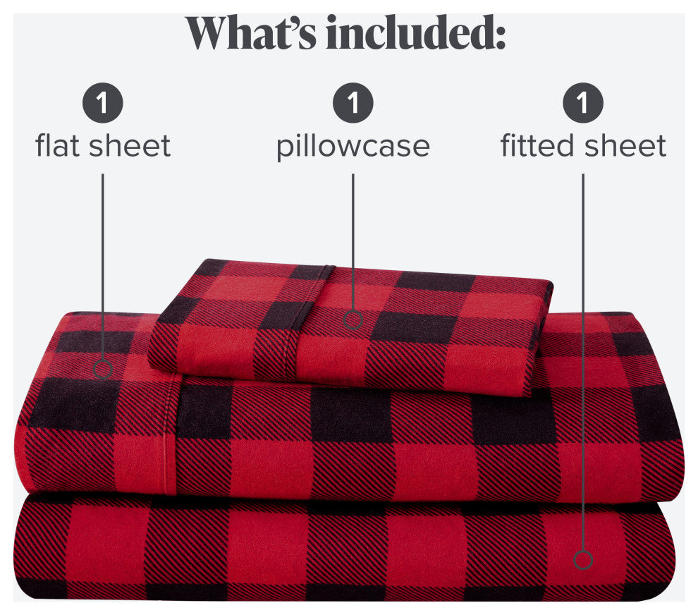 Bare Home Cotton Flannel Sheet Set, Buffalo Plaid - Red/Black, Twin