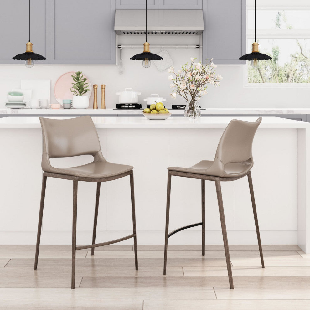 Counter Stool Chair, Set of 2, Faux Vinyl Leather, Steel, Gray, Walnut