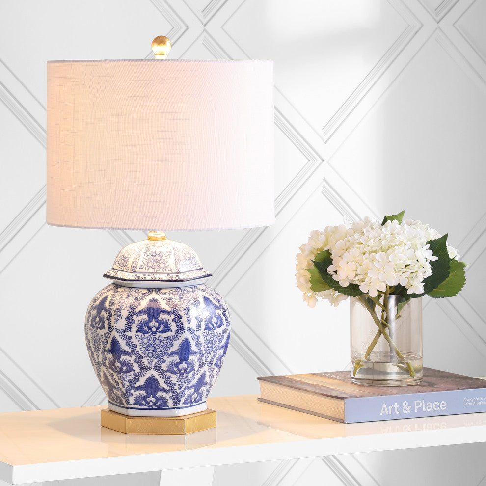 Gretchen 25" Ginger Jar Ceramic, Metal LED Table Lamp, Blue, White