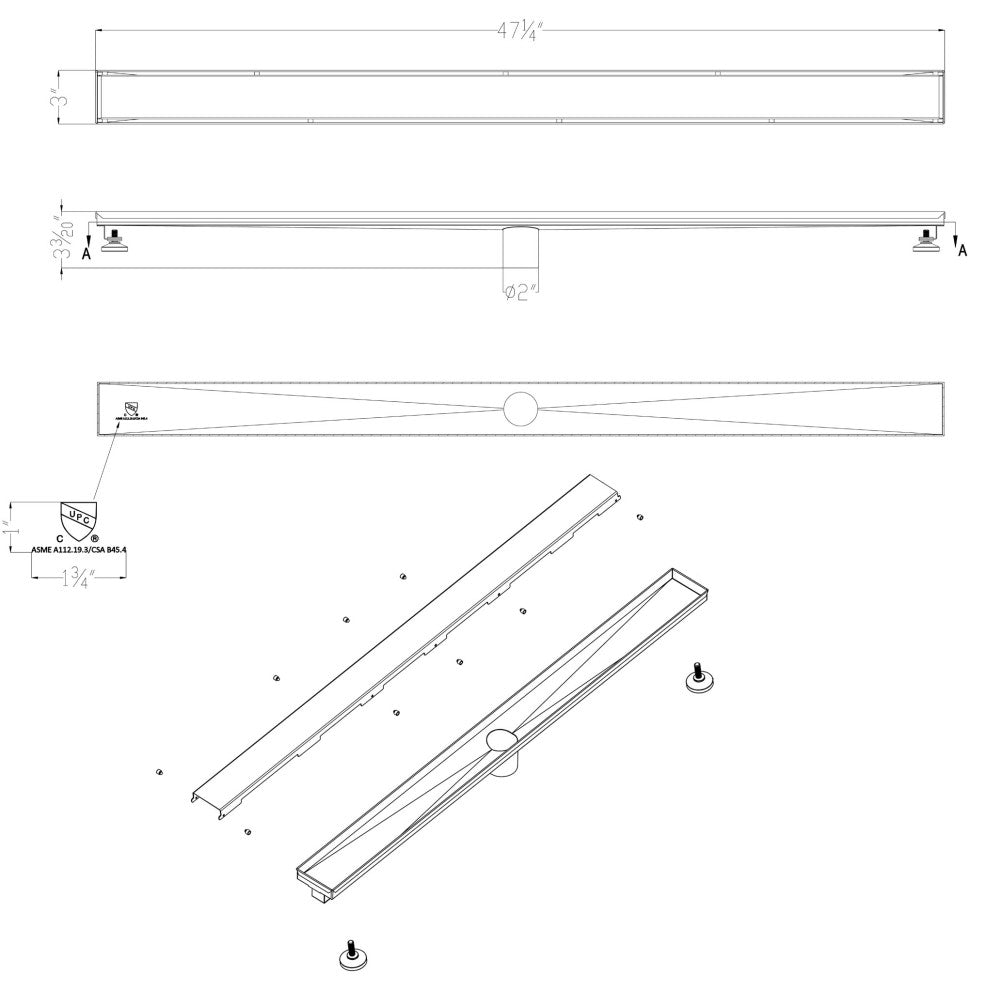 ALFI Brand 47" Polished Stainless Steel Linear Shower Drain with Solid Cover