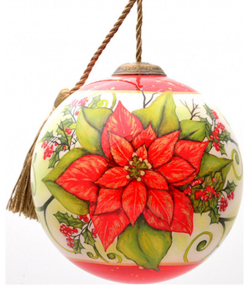 Poinsettia Flower Hand Painted Mouth Blown Glass Ornament