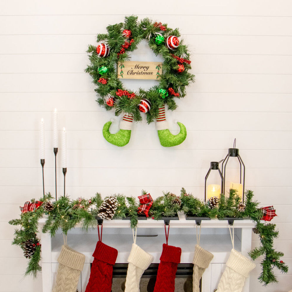 24" Elf Boots Pine Wreath With Berries, Balls, and Merry Xmas Sign