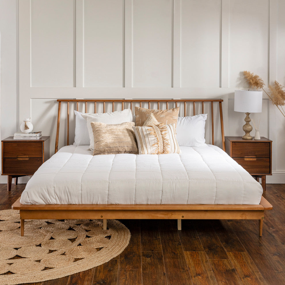 King Mid Century Modern Solid Wood Spindle Platform Bed - Caramel