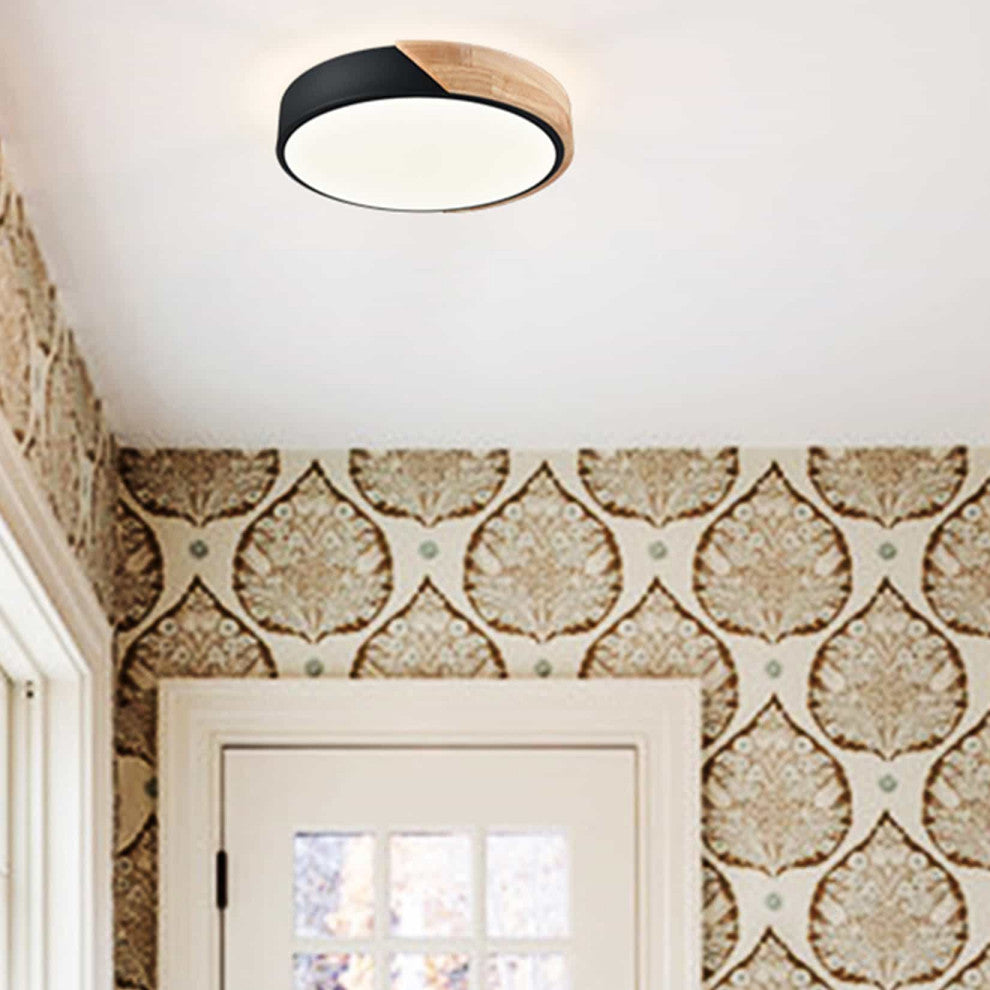 Modern LED Flush Mount Ceiling Light 2-Pack,Black and Wood Finish
