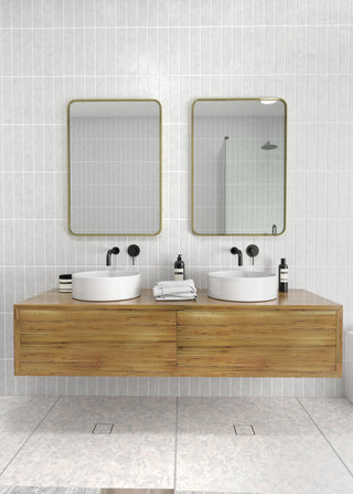 22" W X 32" H Radius Corner Stainless Steel Framed Mirror, Satin Brass