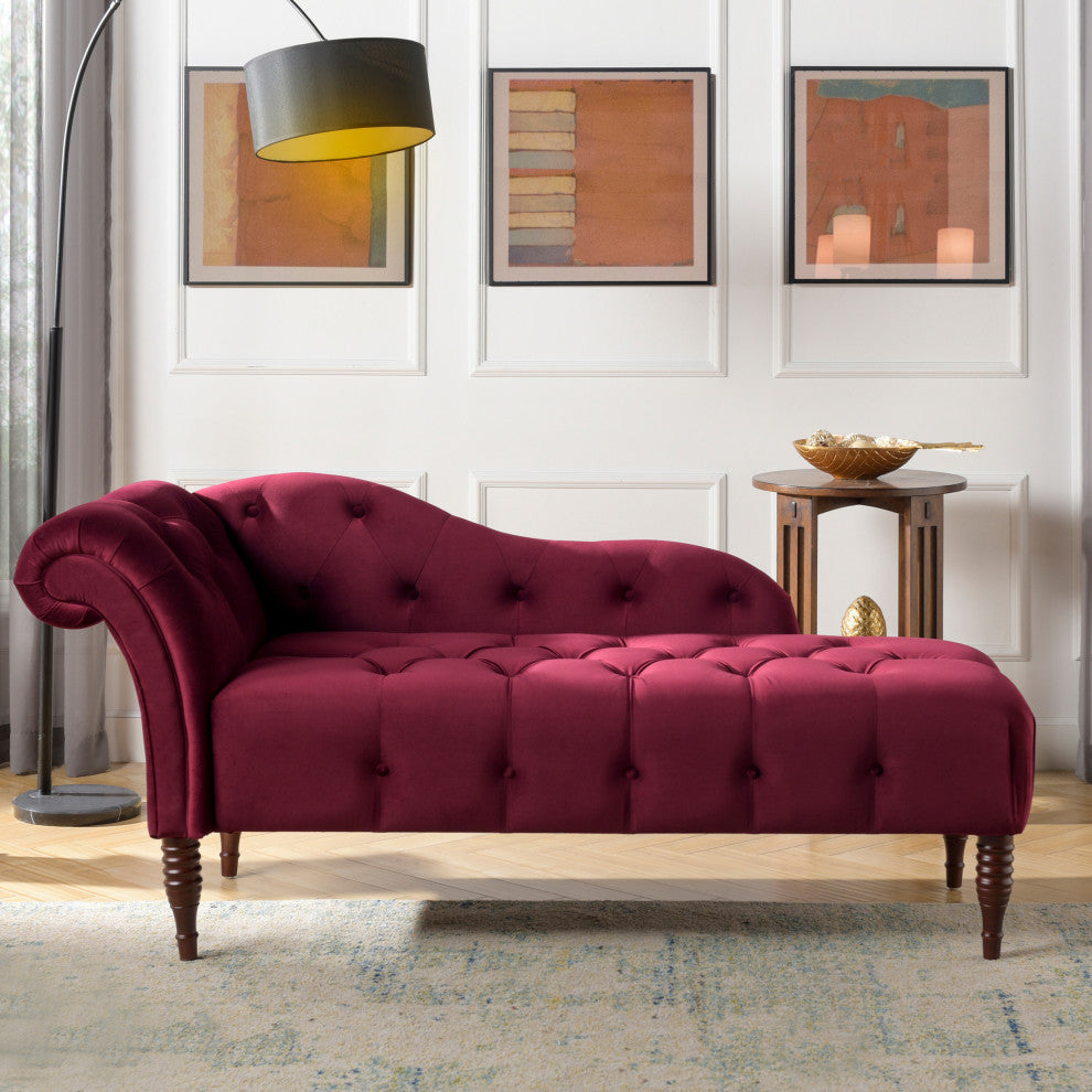 Samuel Velvet Tufted Chaise Lounge, Right-Arm Facing, Burgundy Velvet