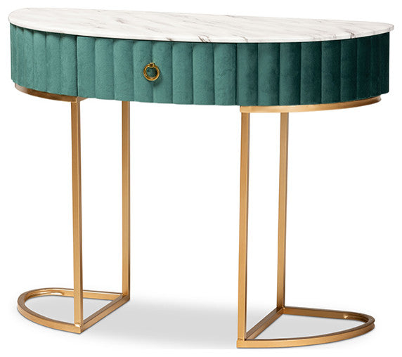 Green Velvet and Brushed Gold 1-Drawer Console Table with Faux Marble Tabletop