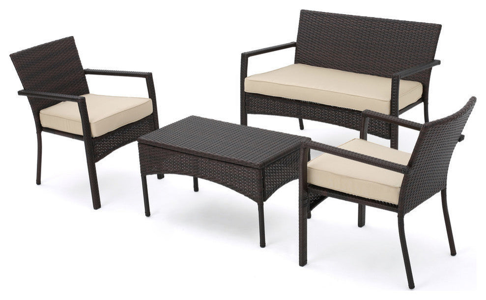 GDF Studio 4-Piece Tahiti Outdoor Wicker Chat, Dark Cream Water Resista Set