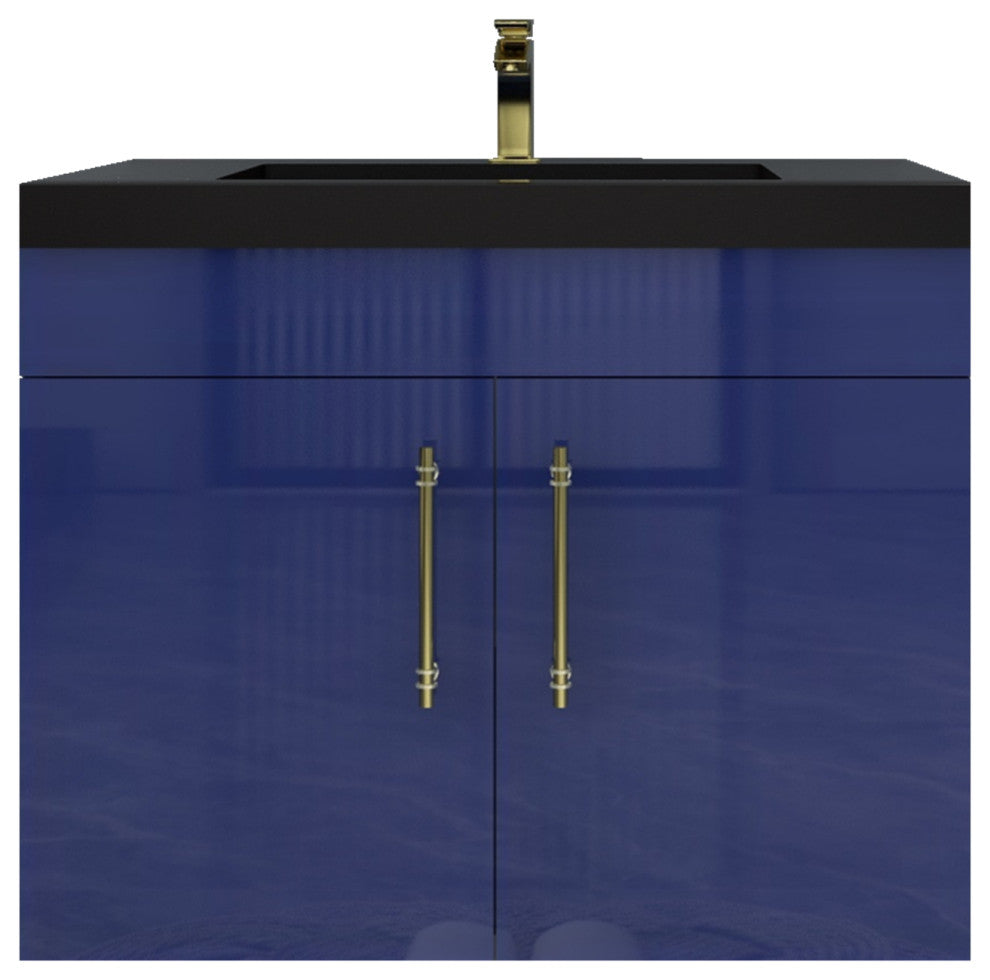Rosa 30" Wall Mounted Modern Vanity, High Gloss Night Blue, Matt Black Top