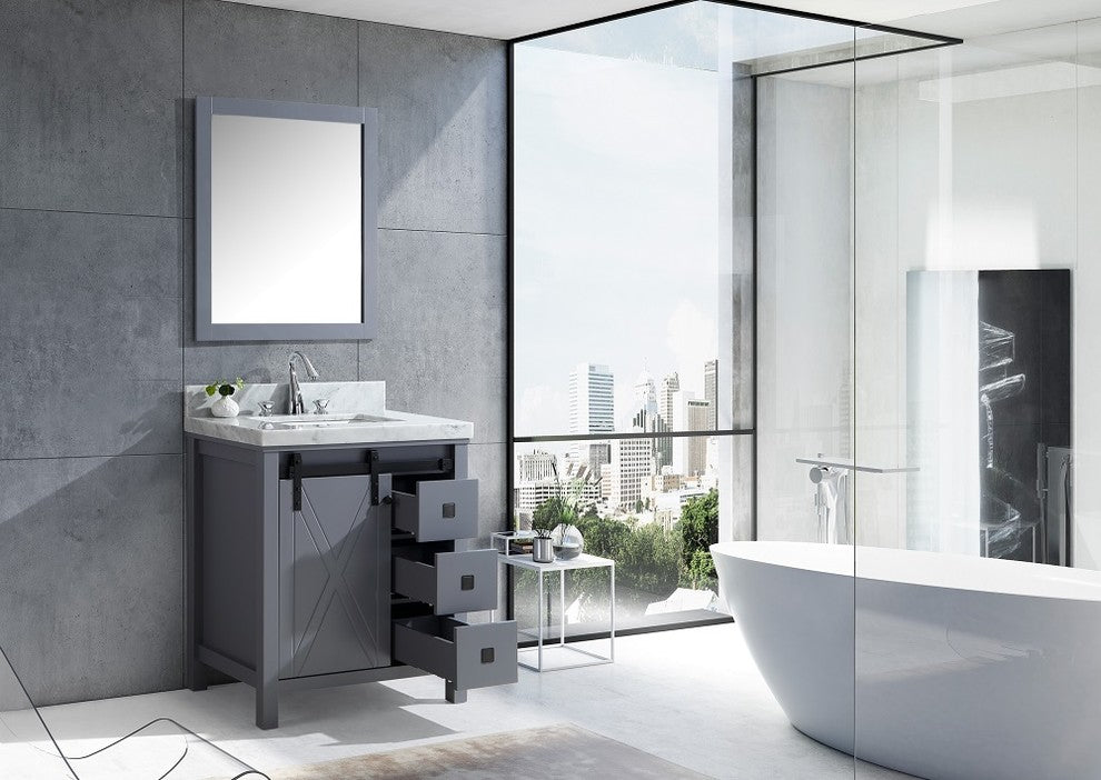 Marsyas Veluti 30" Dark Gray Single Vanity Carrara Marble Top Sink, 28" Mirror