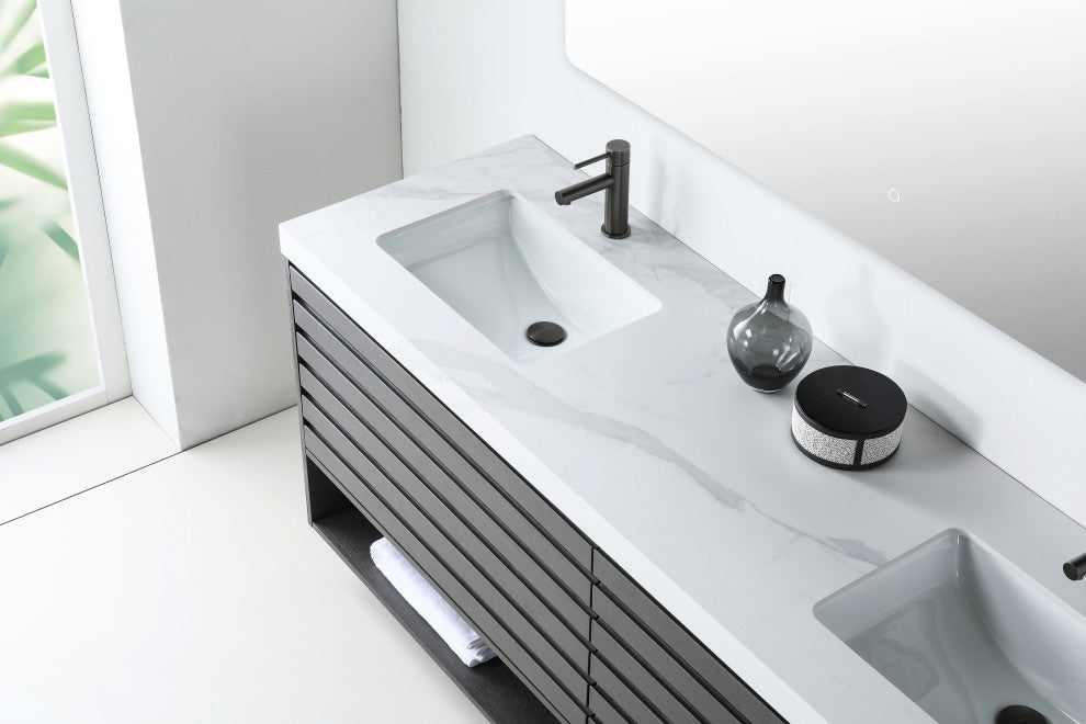 Matera Wall Mount Modern Bathroom Vanity, Charcoal, 72", White Countertop