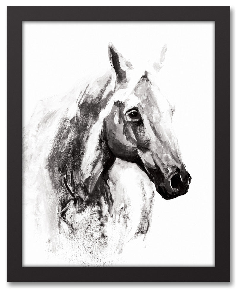 Black and White Watercolor Horse 11x14 Black Framed Canvas