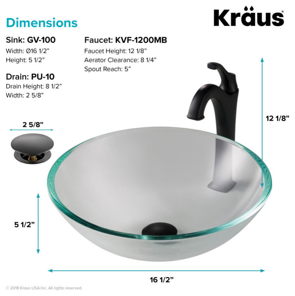 Glass Vessel Sink, Arlo Bathroom Faucet, PU Drain, Mount Ring, Matte Black