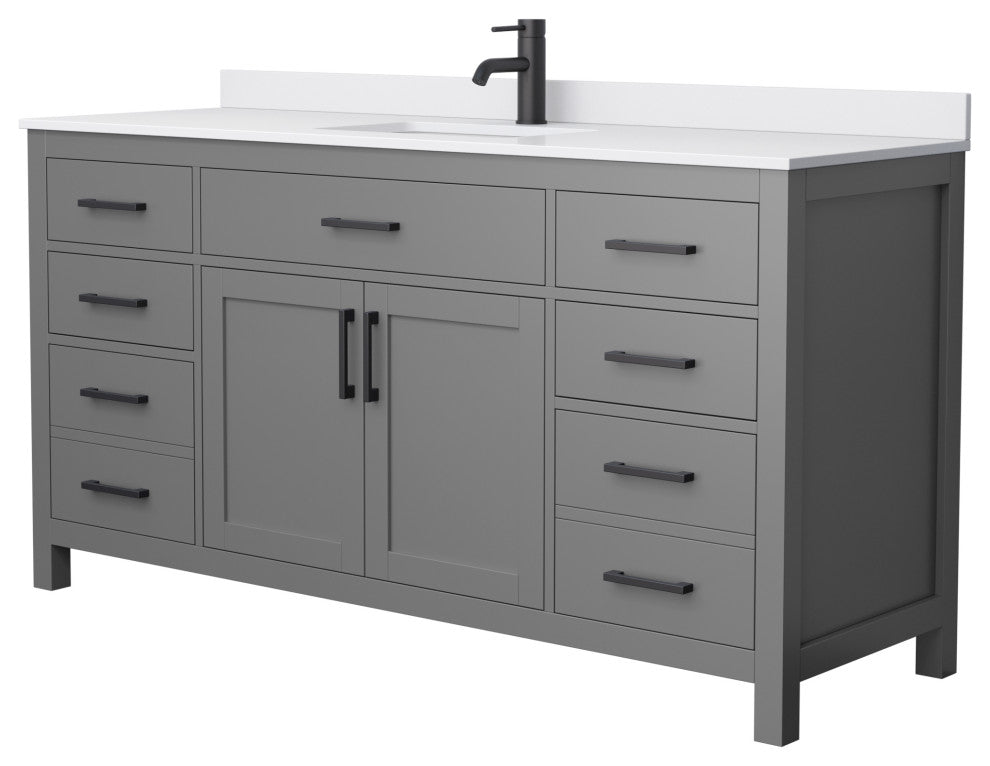 66"SGL Bathroom Vanity Dark Gray, White Cult.Marble Countertop, Sink, Black Trim