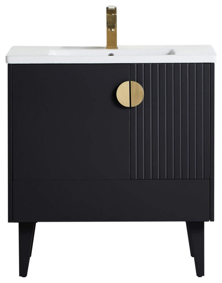 Venezian Single Bathroom Vanity, Black, 30", Satin Brass Handles, One Sink