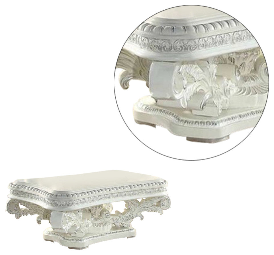 Benzara BM276274 Coffee Table, Raised Scrolled Pedestal, Ornate Motif, White