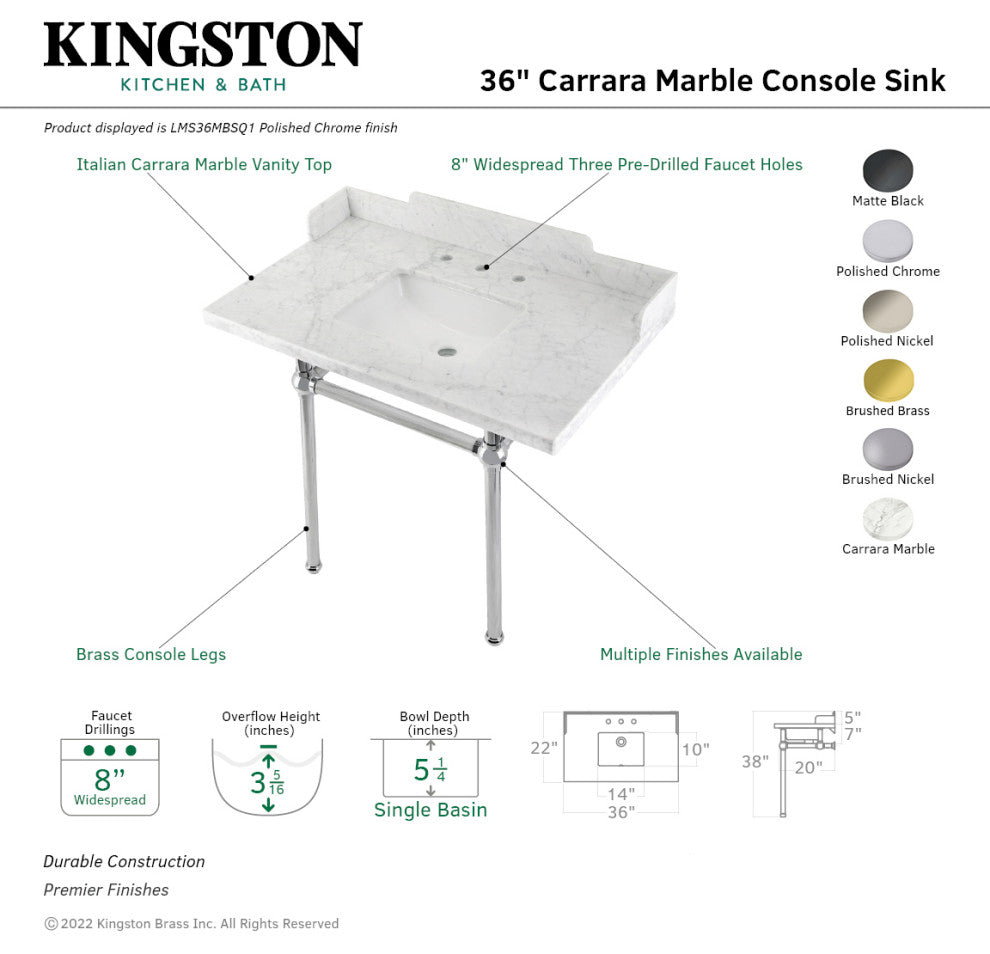 Kingston Brass LMS36MBSQ8 36" Carrara Marble Console Sink, Legs