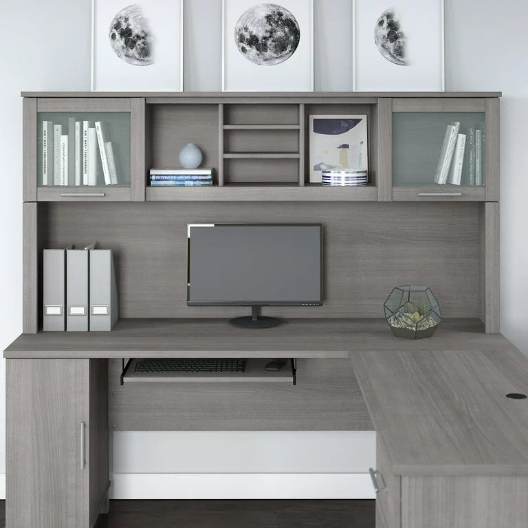 Modern Hutch, Open Shelves & Cabinets With Frosted Glass Doors, Platinum Gray