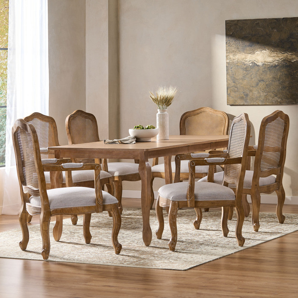 Bonview Fabric Upholstered Wood and Cane Expandable 7-Piece Dining Set, Natural Brown/Light Gray