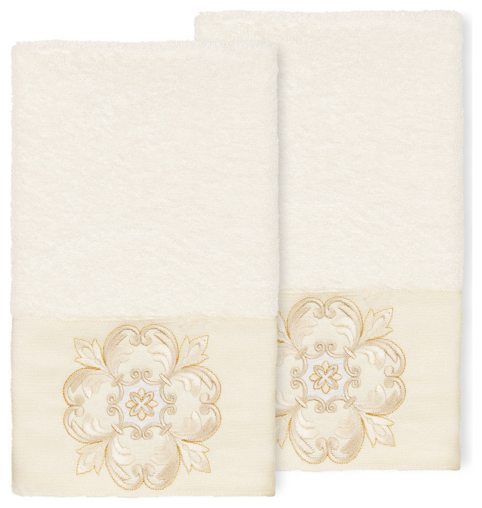 100% Turkish Cotton Alyssa 2-Piece Embellished Hand Towel Set, Cream
