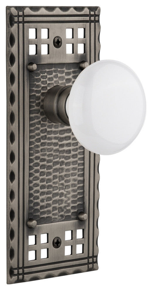 Single Craftsman Plate With White Porcelain Knob, Antique Pewter