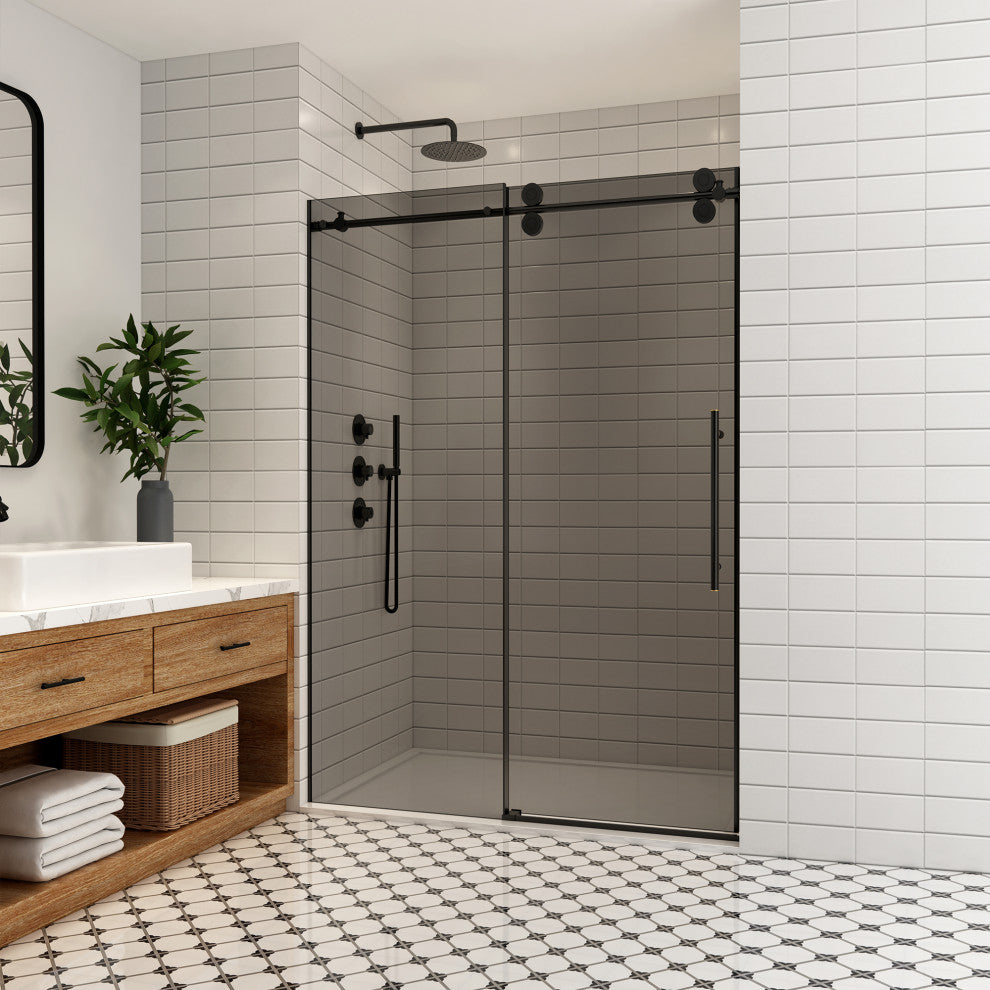 Echarri Single Sliding Frameless Shower Door, Tinted Glass, Matte Black, 48" W X 78"h
