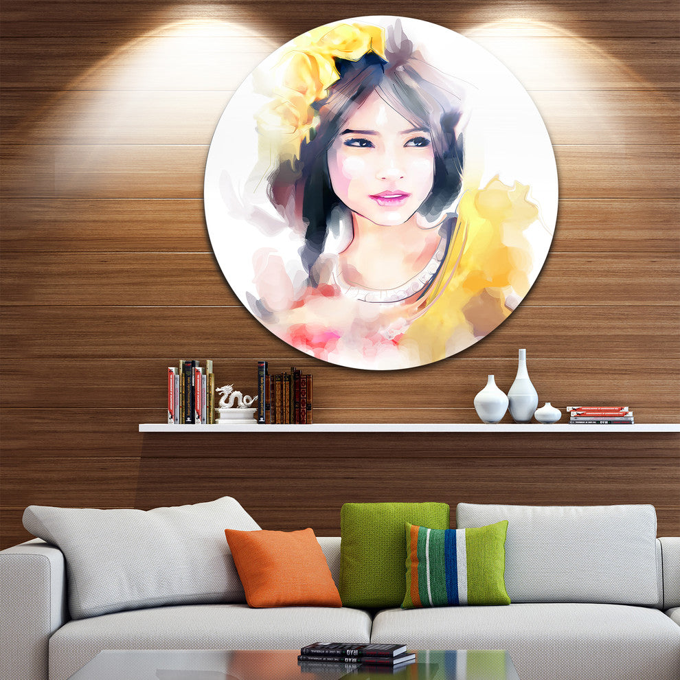Portrait Of Beautiful Girl, Contemporary Large Disc Metal Wall Art, 36"
