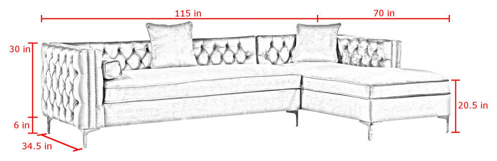 Jeannie Velvet Tufted With Nailhead Trim Sectional, Hunter Green, Right Facing