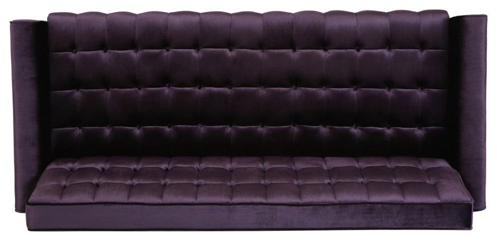 Adan Tufted Velvet Sofa With Gold Tipped Tapered Legs, Blackberry, Gold Finish
