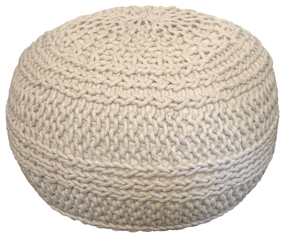 NOORI RUG Handmade Cable Style Knotted Cotton Jade Round Pouf, Beige 20"x20"x14"
