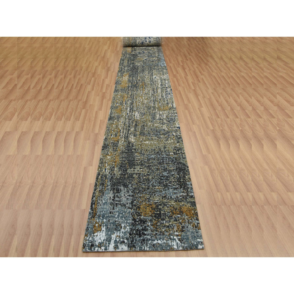 Battleship Gray Soft Wool Hand Knotted Abstract Design XL Runner Rug, 2'6"x20'