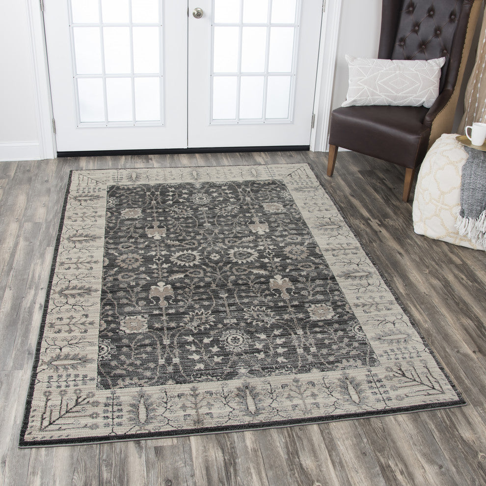 Rizzy Home Panache PN6975 Gray Motif Distress Area Rug, Rectangular 6'7"x9'6"