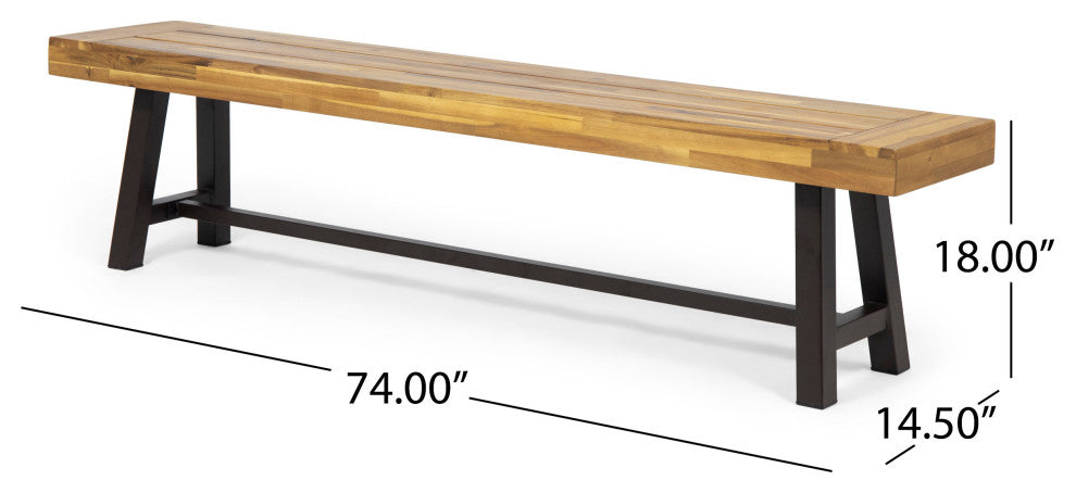 Marian Outdoor Acacia Wood Bench, Teak Finish, Rustic Metal