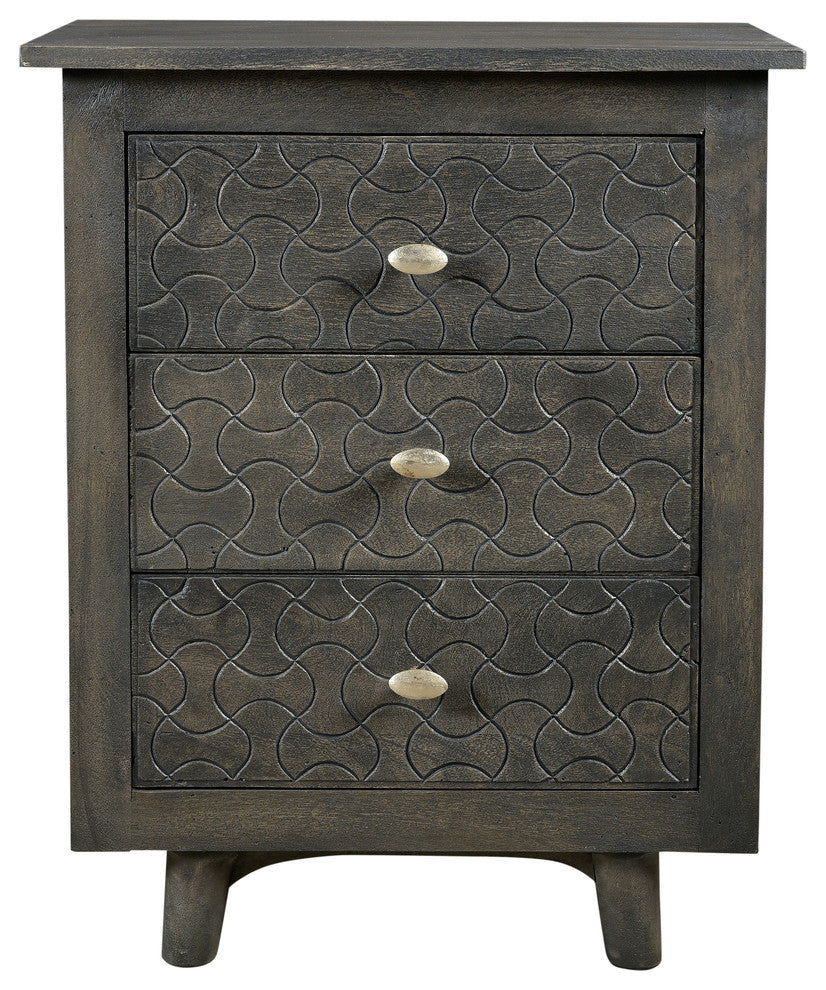 Gridley Hand-Carved 3-Drawer Nightstand on Mango Solid Wood, Gray Wash