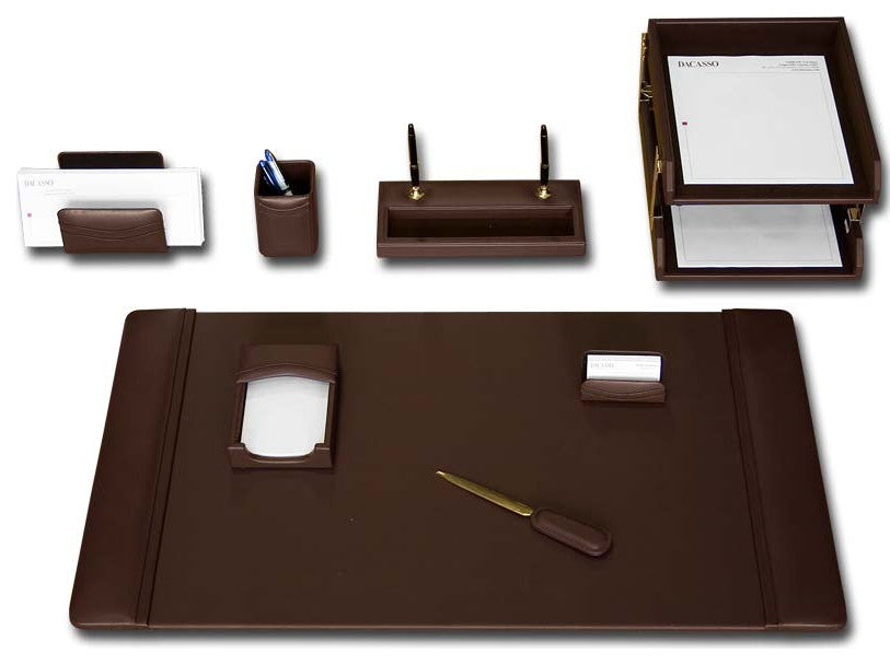 D3420, Chocolate, Brown Leather, 10-Piece Desk Set