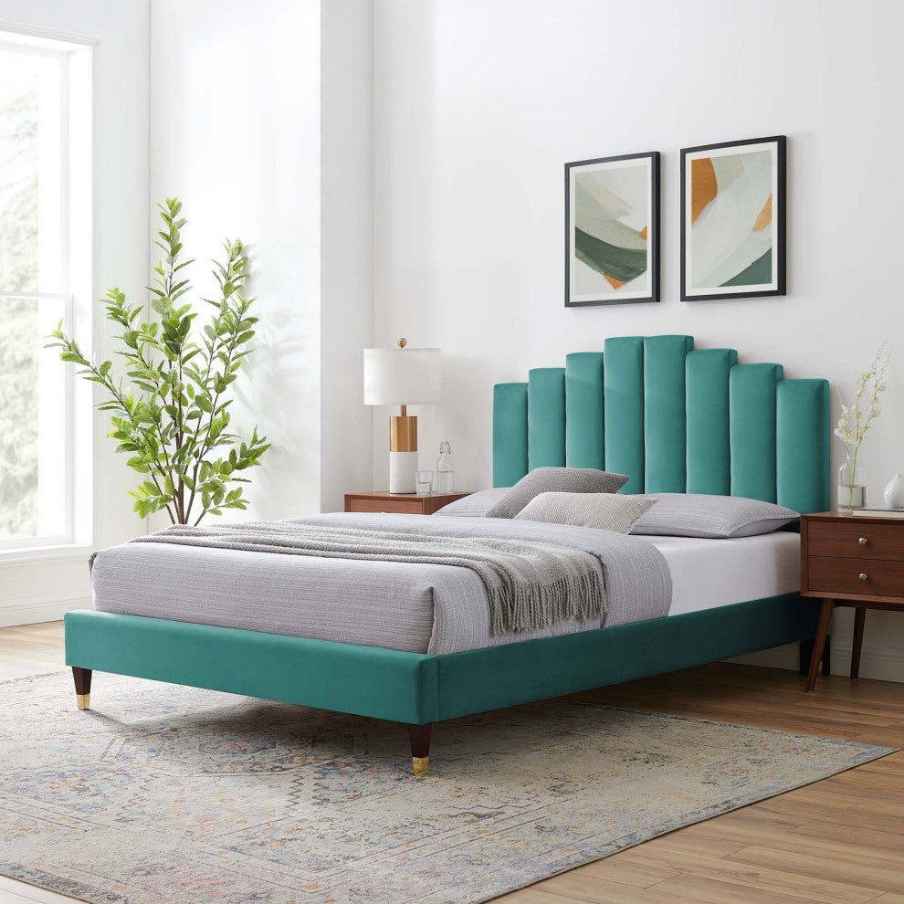 Platform Bed Frame, Full Size, Velvet, Teal Blue, Modern Contemporary, Bedroom