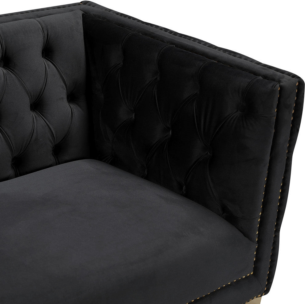 Michelle Fabric Upholstered Chair, Gold Iron Legs, Black, Velvet, Loveseat