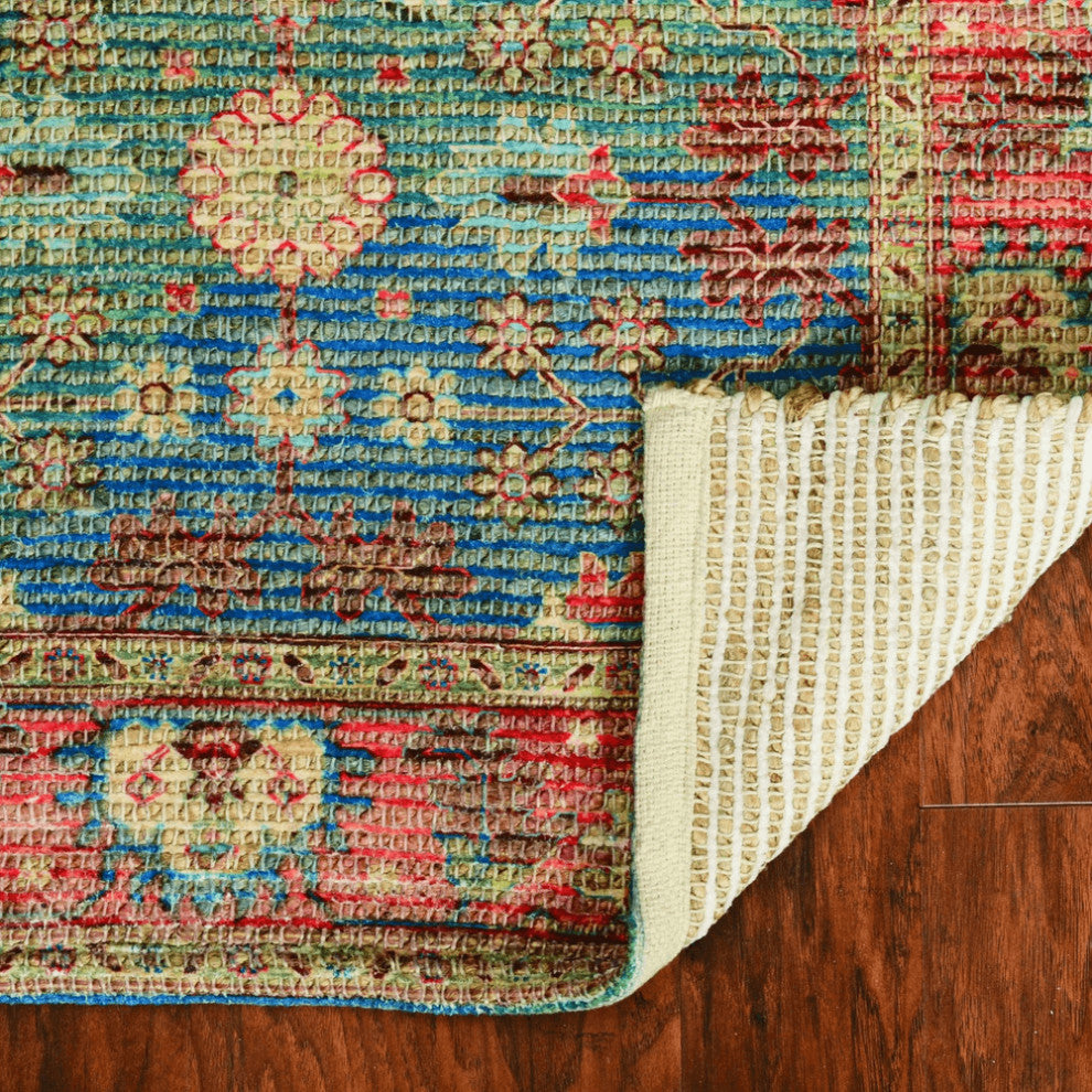 7' X 9' Blue and Red Floral Medallion Hand Woven Area Rug