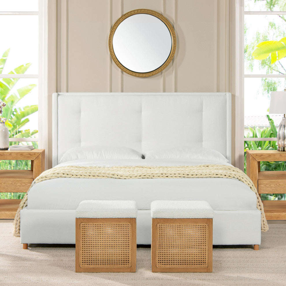 Miramar Cushion-Back Headboard Platform Bed Frame, Antique White Polyester, King