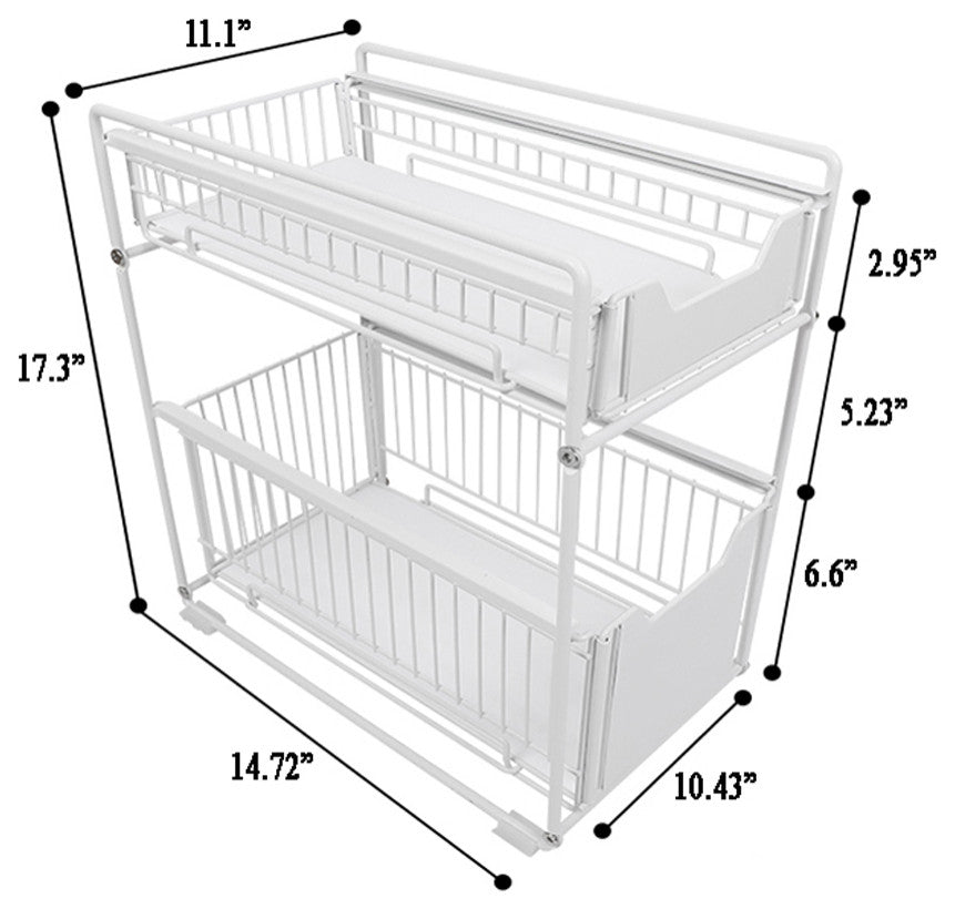 White Steel Under Sink Organizer and Storage, 2-Tier Countertop Sliding Rack