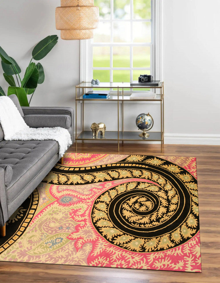 Hand-Tufted Wool Black Contemporary Abstract Paisley Rug, 7'9 Round