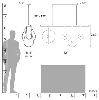 Derby Linear 4-Light LED Pendant, Antique Brass, British Brown Leather, Black