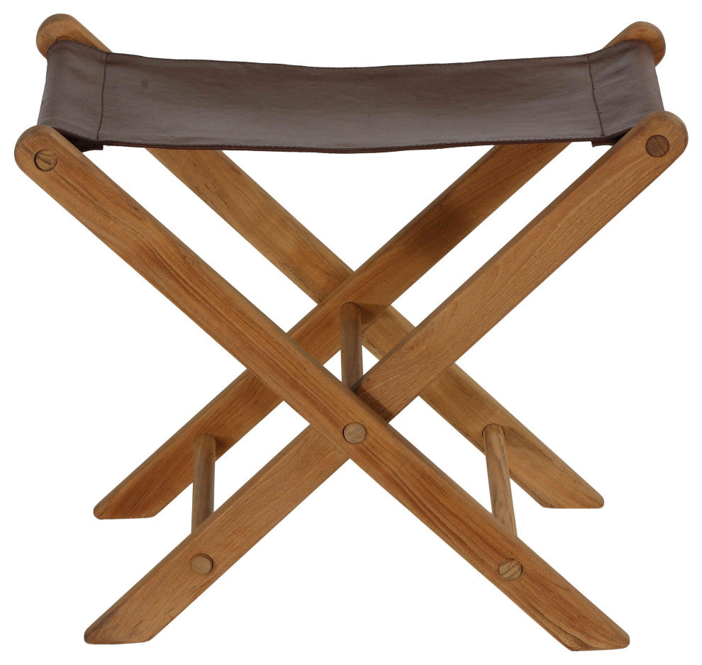 Bare Decor Davie Genuine Teak and Leather Folding Accent Stool in Brown, 18"