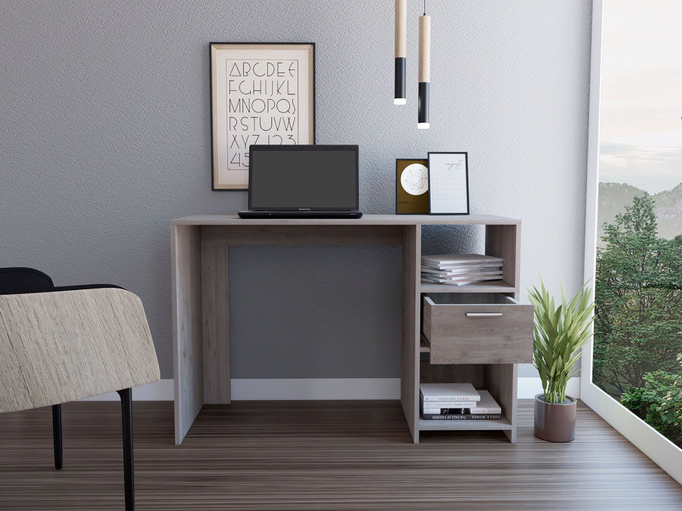 Naxos Computer Desk with Drawer, 2 Open Storage Shelves, and Legs, Light Gray