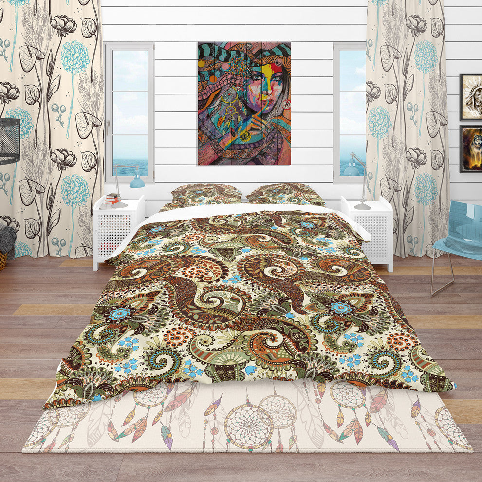 Paisley Pattern With Fantasy Vintage Duvet Cover Set, Queen